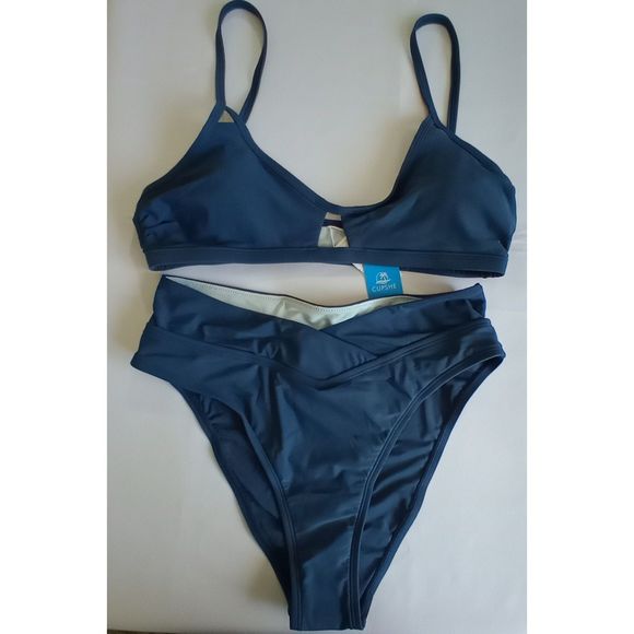 CUPSHE NWT Women's Two-Piece Blue Bikini Scoop Neck V Cut Size Medium - Picture 1 of 9